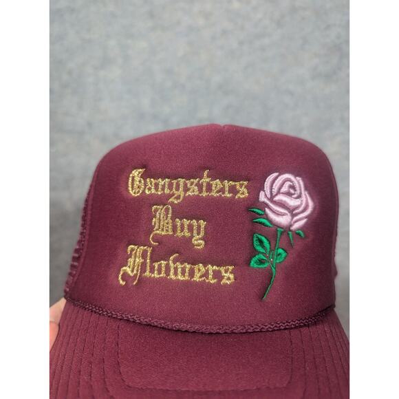 Gangsters Buy Flowers Maroon Mesh Trucker Hat Embroidered Rose Streetwear Nissin - Picture 3 of 6